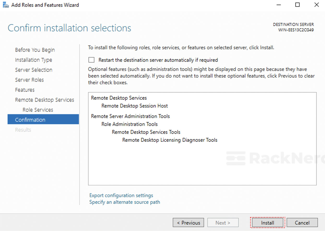 confirmation screen to install remote desktop services