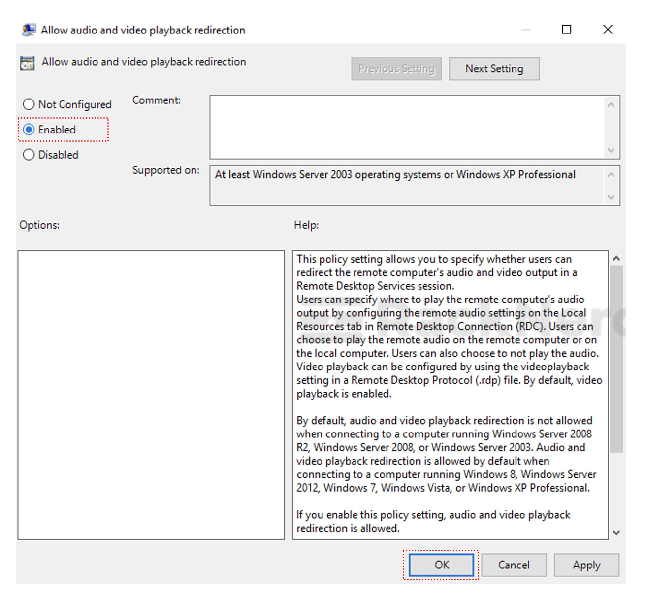 enable audio redirection microphone windows gpedits