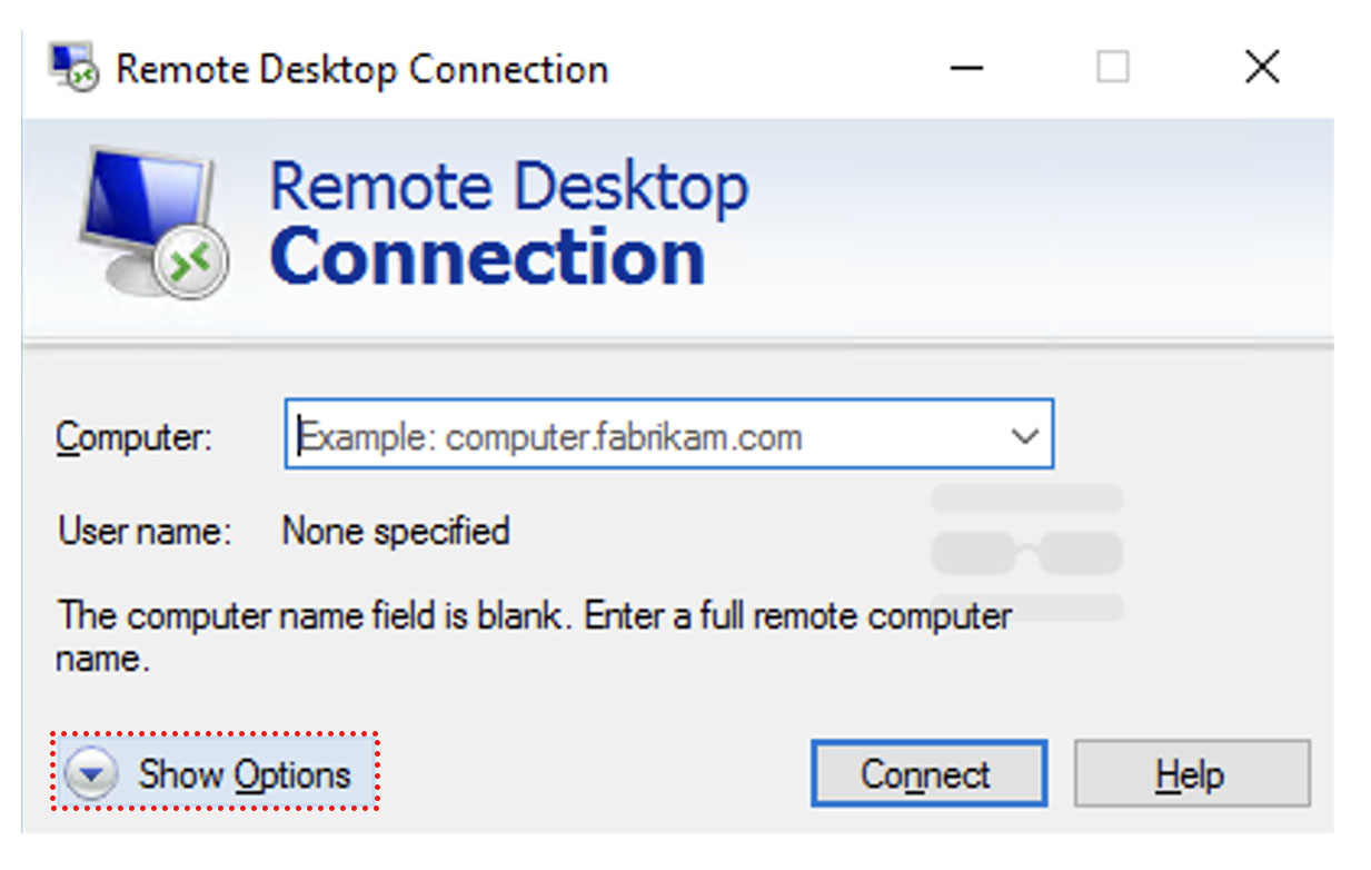 show options remote desktop application windows