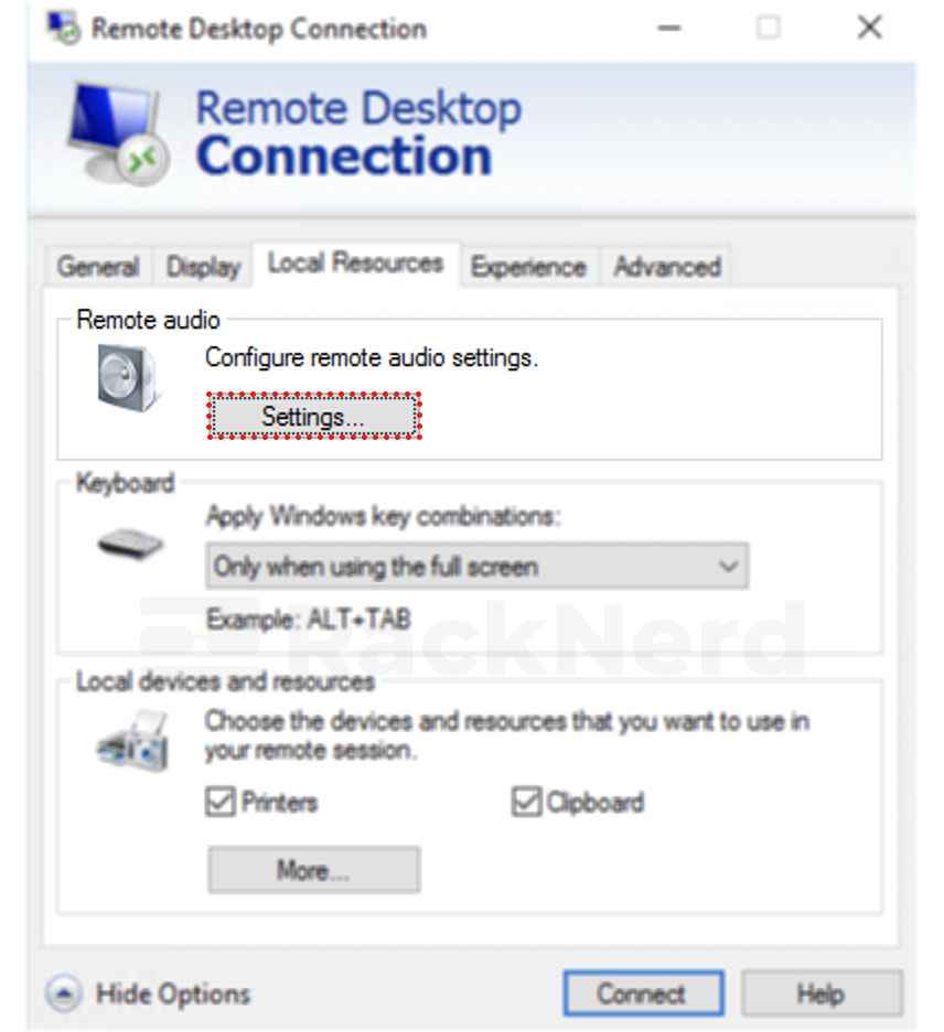 w-configure remote audio settings windows remote desktop application