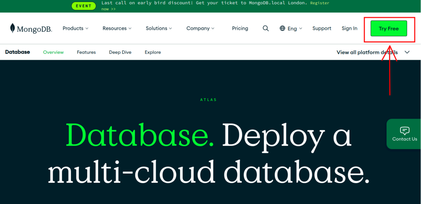 MongoDB Atlas Homepage, Try Free button