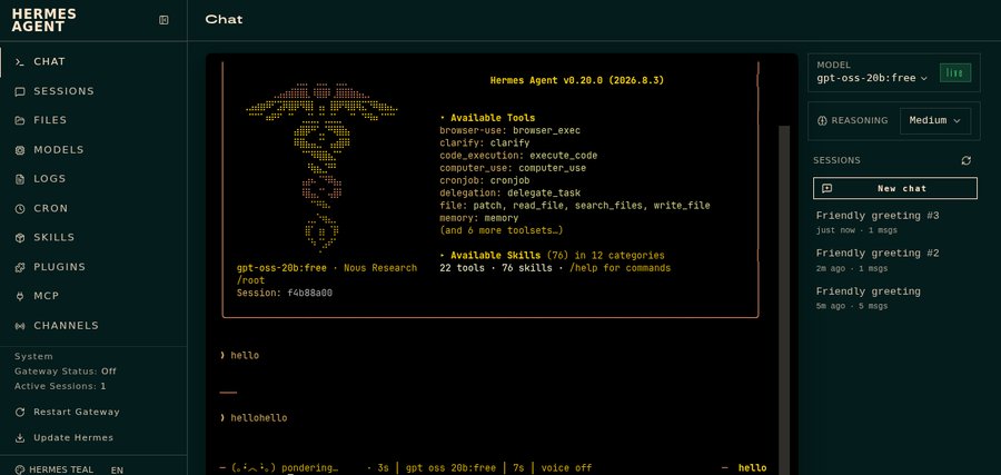 First working chat in the Hermes dashboard Chat tab