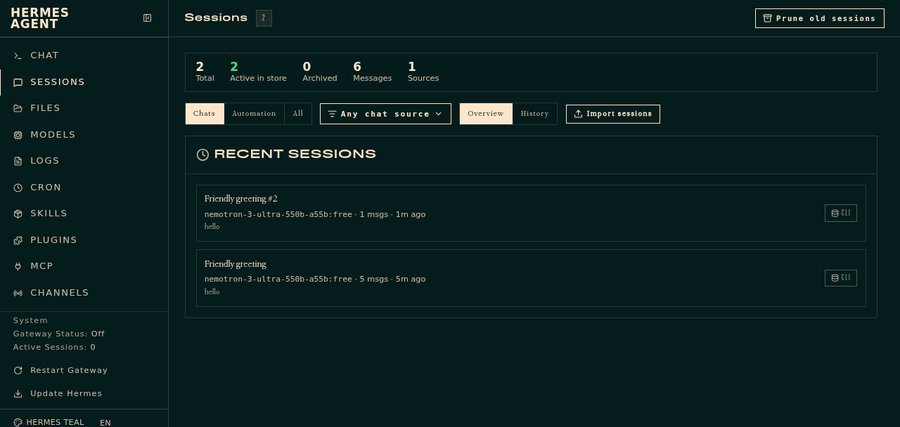 Hermes web dashboard after the SSH tunnel