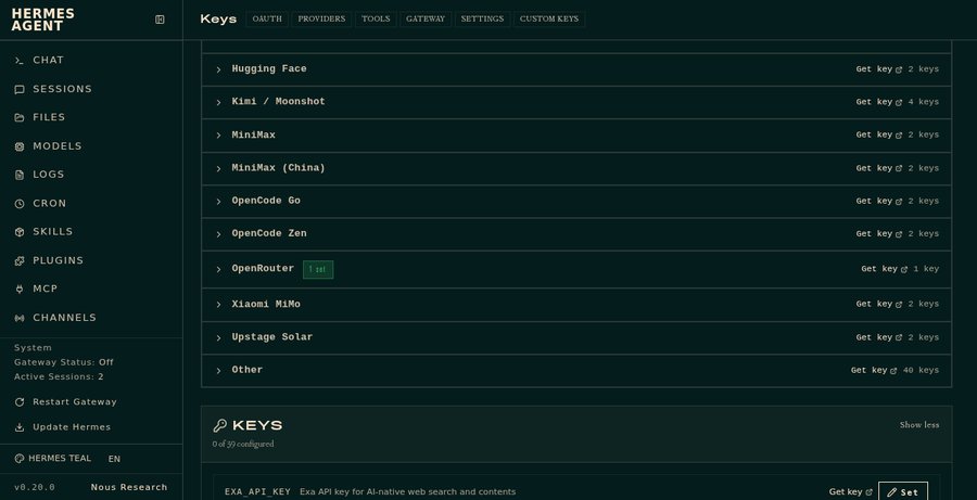 Hermes dashboard API Keys page with OpenRouter configured